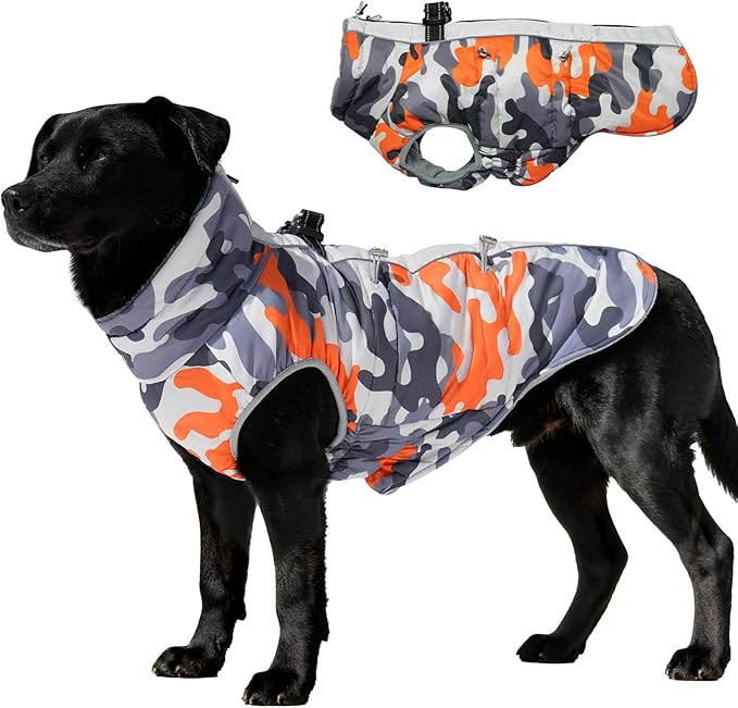 Dog Coat Dog Winter Jacket-Large, Warm Dog Coat Zip Up Snowsuit Dog Harness Vest Reflective Water-Resistant Dog Coat Dog Snow Jacket for Large Dogs French Bulldog, Pug, Orange-Camouflage
