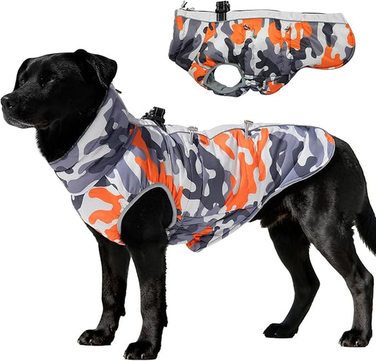Dog Coat Dog Winter Jacket-Large, Warm Dog Coat Zip Up Snowsuit Dog Harness Vest Reflective Water-Resistant Dog Coat Dog Snow Jacket for Large Dogs French Bulldog, Pug, Orange-Camouflage