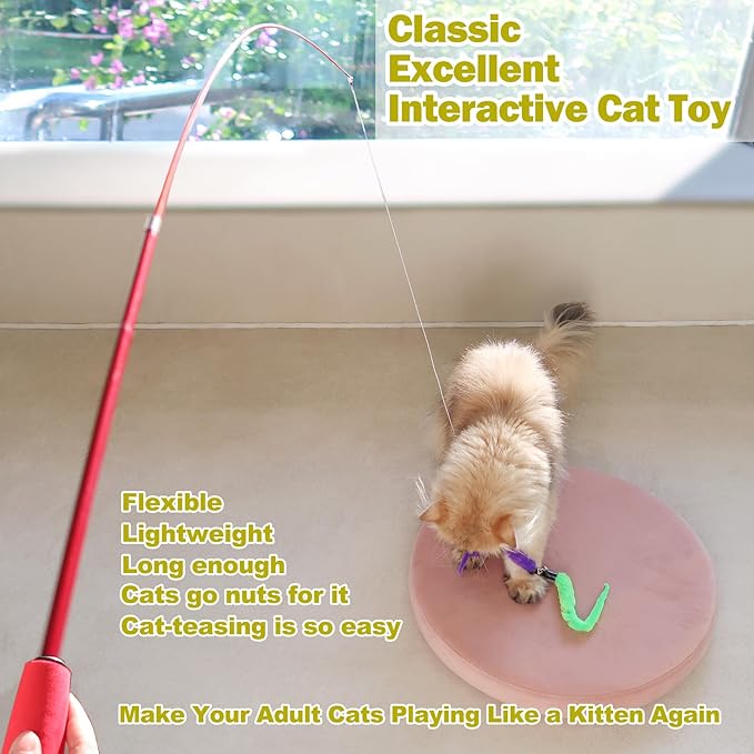 Cat Feather Toy, Retractable Cat Toys Wand 2 Wands & 9 Assorted Teaser Refills, Interactive Feather Teaser Wand Toy Bell Kitten Cat Having Fun Exerciser Playing