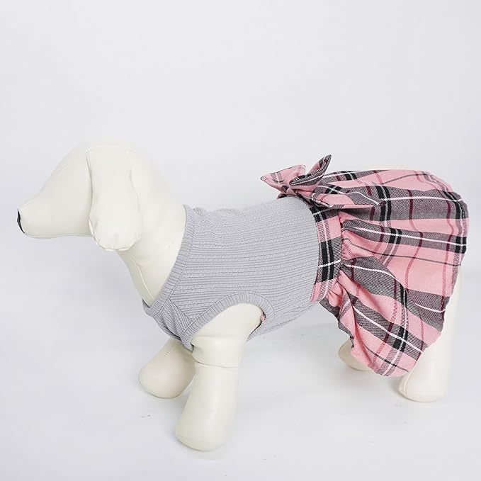 PUPTECK Classic Plaid Dog Dress Pet Apparel with Cute Bowtie Puppy Clothes Outfit,Grey,L
