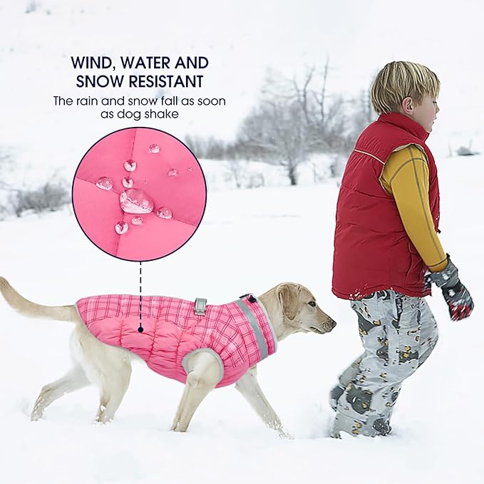 FUAMEY Dog Coat for Large Dogs,Waterproof Dog Winter Jacket with Harness Built in Puppy Cold Weather Coats Reflective Pet Vest with Zipper Warm Fleece Dogs Snowsuit Windproof Rose Plaid L