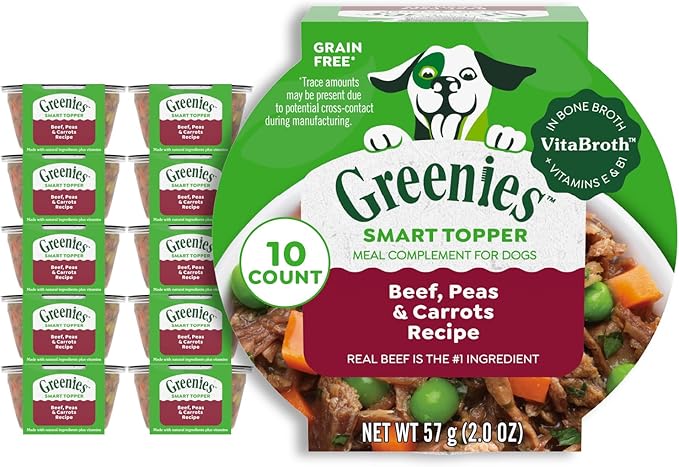 Greenies Smart Topper High Protein Wet Mix-in for Dogs, Beef, Peas & Carrots Recipe in Vitabroth Broth - Bone Broth + Vitamins E & B1, 10 Count