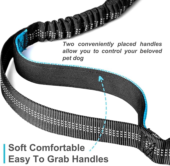 Hands Free Dog Leash, Adjustable Waist Leash for Dog, Handle Bungee 4.2-6.7 Feet Long with Reflective Stitches for Walking Hiking Running, Fits 26"- 43" Waist, Black & Blue