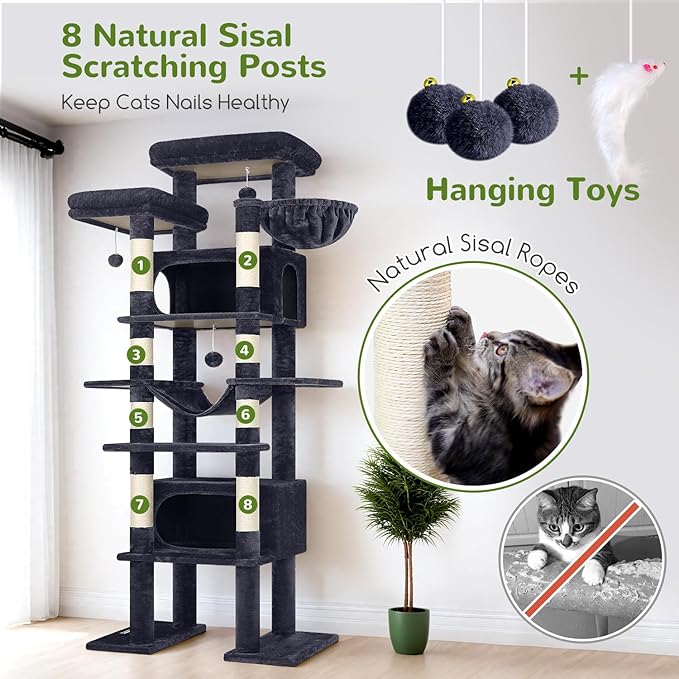 Globlazer XXL Giant Cat Tree, 83 Inch Heavy Duty Tall Cat Tower for Indoor Cats Large Adult, Multi-Level Large Cat Condo with 8 Scratching Posts, Hammock, 2 Cat Caves, 2 Platform, F83B, Dark Grey
