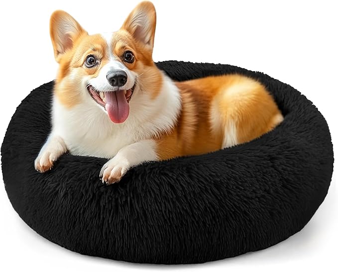 28in Large Dog Bed, Medium Size Dog and Cats, Calming Donut Bed for Puppy and Kitten, Washable Round Fluffy Pet Bed (Black)