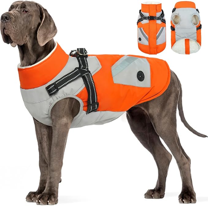 FUAMEY Dog Winter Jackets for Large Dogs,Dog Coat with Harness Built in,Waterproof Dogs Snowsuits Warm Pet Jacket Zip Up Fleece Cold Weather Coats Reflective Puppy Vest with Pocket Orange 3XL