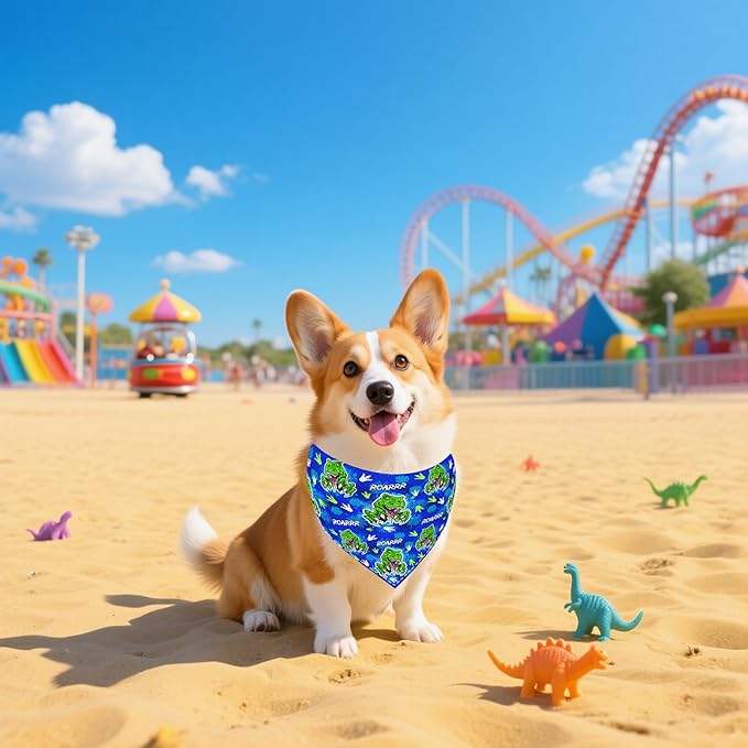 7 PCS Medium Dinosaurs Dog Bandanas Hemming Seam Edge Dog Bandana for Small Dogs Print One Side Large Cats Scarfs Party Grooming M