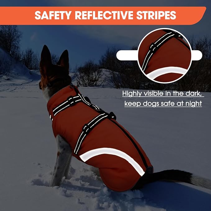 BRKURLEG Dog Winter Jackets for Medium Dogs, Dog Coat with Harness Built in, Dogs Snowsuits with Zipper, Waterproof Windproof Pet Puffer Jacket Fleece Vest for Beagle, Pug, Orange L