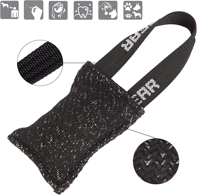 Dingo Gear French Linen tug Toy for Dog, Dog Bumper for Training, Agility, tug of war, Dog bite Pillow for Strong Dog, 1handle 4" Black S00089