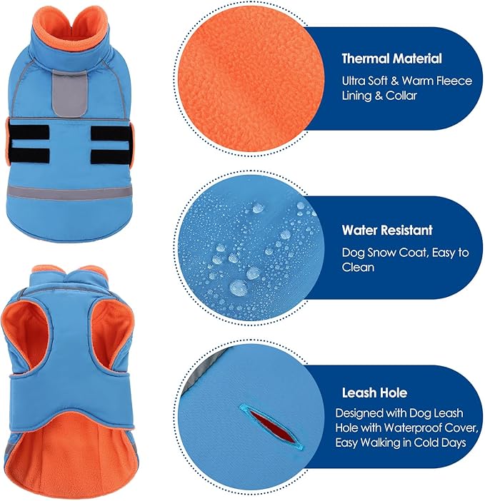 KOESON Dog Coat, Fleece Lined Dog Winter Jacket, Warm Cold Weather Coat for Medium Dogs with Hook & Loop Closure, Waterproof Pet Fleece Vest Snow Jacket for French Bulldog, Corgi, Beagle, Turquoise M