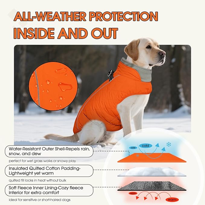 QBLEEV Large Dog Coat, Dog Winter Jacket for Large Dogs, XXLarge Waterproof Cold Weather Vest with Zipper & Reflective, Windproof Built-in Harness Warm Fleece Snowsuit Clothes Retriever, Orange, XXL
