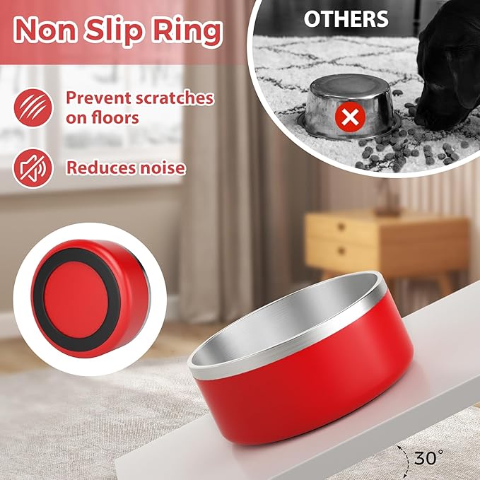 Stainless Steel Dog Bowls for Large Dogs - Metal Pet Dish, Water & Food, Insulated & Non-Slip, Easy to Clean, 64oz, Red