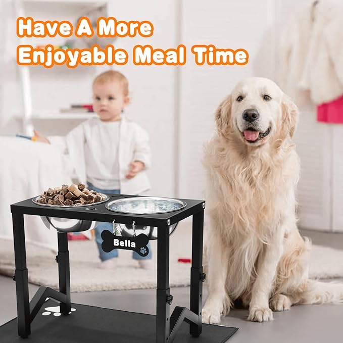Elevated Dog Bowls, 3 Height Adjustable Metal Raised Bowl Stand with 2 Thick Stainless Steel Food Bowls & Spill-Proof Mat, Adjusts to 14.2'', 12.2'', 10.2'' for Large/Medium Breeds
