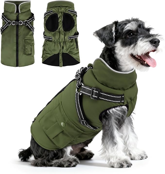 Dog Winter Coat with Harness Built-in | Waterproof Dog Jacket with Zipper & Fleece Lining | Reflective Cold Weather Coat for Small Medium Large Dogs