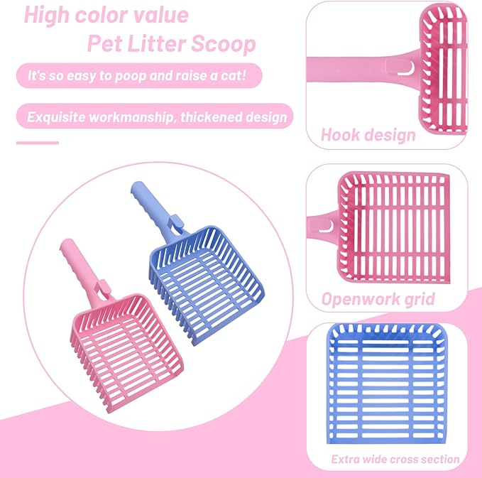 YXQ 2Pcs Litter Scoop for Cats Plastic Durable Deep Shovel Small Holes and Long Handle for Sifting Kitty Litter (Red+Blue)