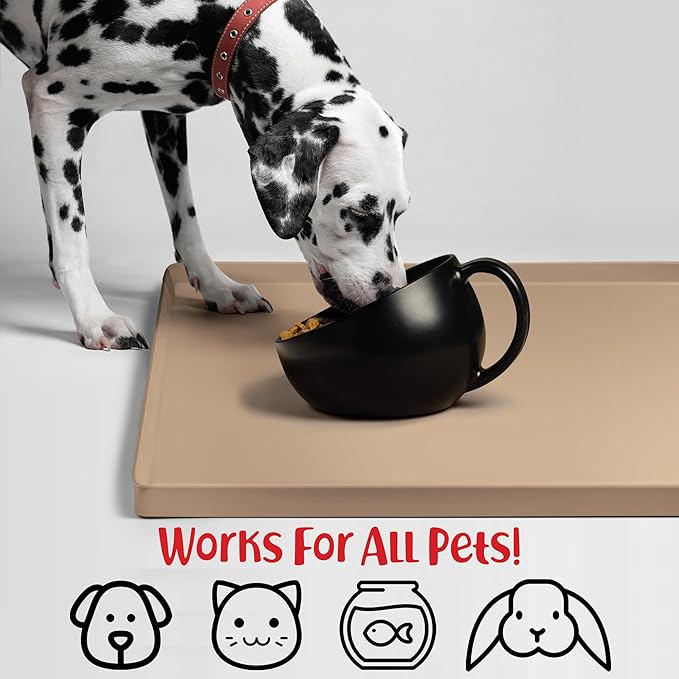 DogBuddy Dog Food Mat – Waterproof Dog Bowl Mat for Food and Water, Silicone Pet Feeding Mats for Floors, Non-Slip Placemat with High Edges for Dogs Bowls, Puppy Essentials (XL: 28" x 18", Taupe)