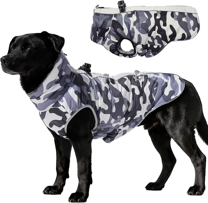 Dog Coat Dog Winter Jacket-Large, Warm Dog Coat Zip Up Snowsuit Dog Harness Vest Reflective Water-Resistant Dog Coat Dog Snow Jacket for Large Dogs French Bulldog, Pug, Grey-Camouflage