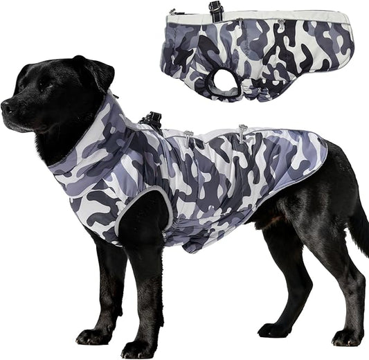 Dog Coat Dog Winter Jacket-Large, Warm Dog Coat Zip Up Snowsuit Dog Harness Vest Reflective Water-Resistant Dog Coat Dog Snow Jacket for Large Dogs French Bulldog, Pug, Grey-Camouflage