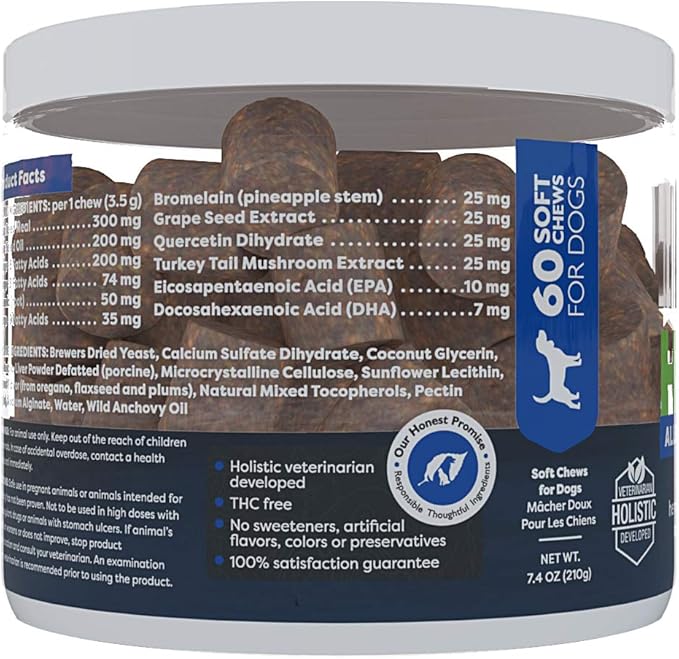 Only Natural Pet Allergy, Skin & Coat Hemp Soft Chews - Allergy Immune Bites for Dogs, Omega 3 Supplement, Hemp Oil - Calming Treats for Itchy Skin Relief, Hot Spot - (60 Count) (AL.)