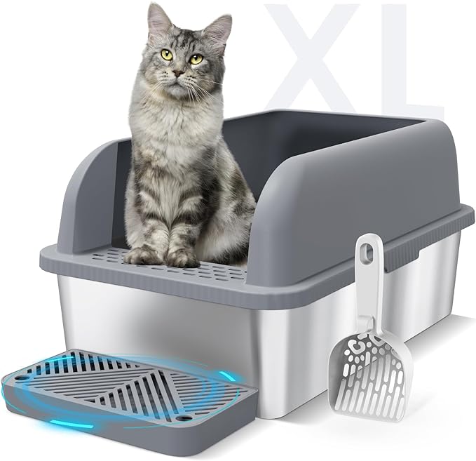 Enclosed Stainless Steel Cat Litter Box with Lid Extra Large Litter Box for Big Cats XL Metal Litter Pan Tray with High Wall Sides Enclosure, Non-Sticky, Anti-Leakage (Grey)