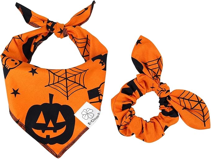 E-Clover Halloween Dog Bandanas & Matching Scrunchie Set Pumpkin Dog Bandana Triangle Pet Bibs Scarf Outfit for Small Medium Large Dogs Owner Orange Fall