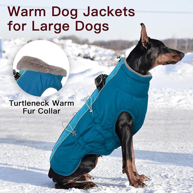 Dog Winter Jacket - 3X Large, Warm Zip Up Snowsuit Dog Harness Vest, Reflective, Water-Resistant, Green