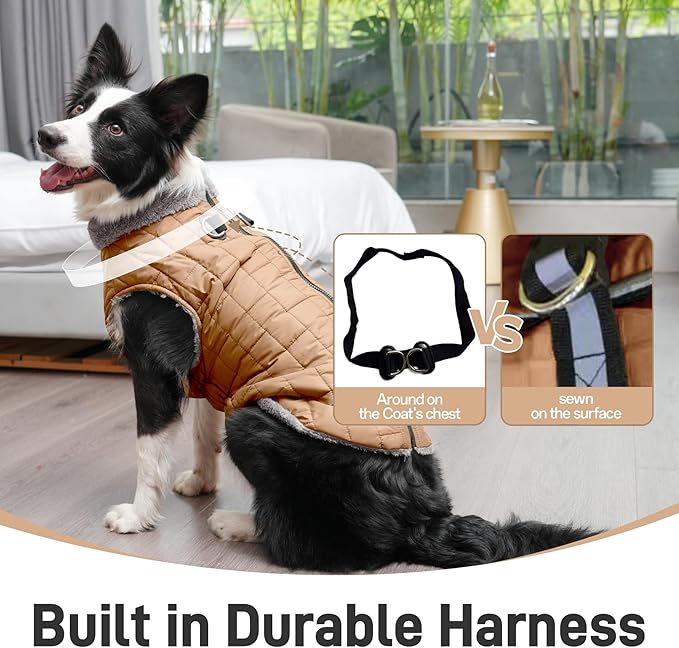Warm Fleece Dog Coats with Durable Harness Buitl in D-Ring,Waterproof Doggie Jacket for Medium Dogs,Dog Vest for Cold Winter,Burnished Khaki L