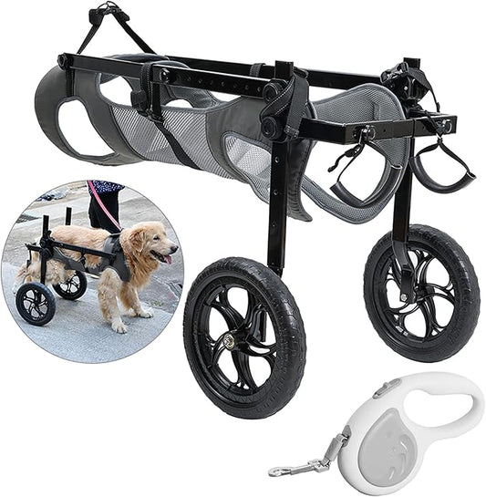 Large Dog Wheelchair for Back Legs with Pet Traction Rope - Adjustable Hind Leg Support Cart with Breathable Air Mesh Harness, All-Terrain Wheels & Foldable Frame - Mobility Aid for Disabled/Injured