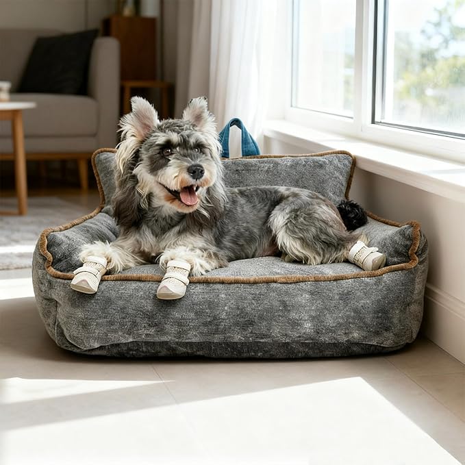 Small Orthopedic Dog Sofa Bed with Sides, Carry Handle & Side Pockets .Plush Chenille Orthopedic Pet Bed Couch for Small Breed Dogs & Cats .Portable Snuggler for Indoor Use, Travel & Recovery