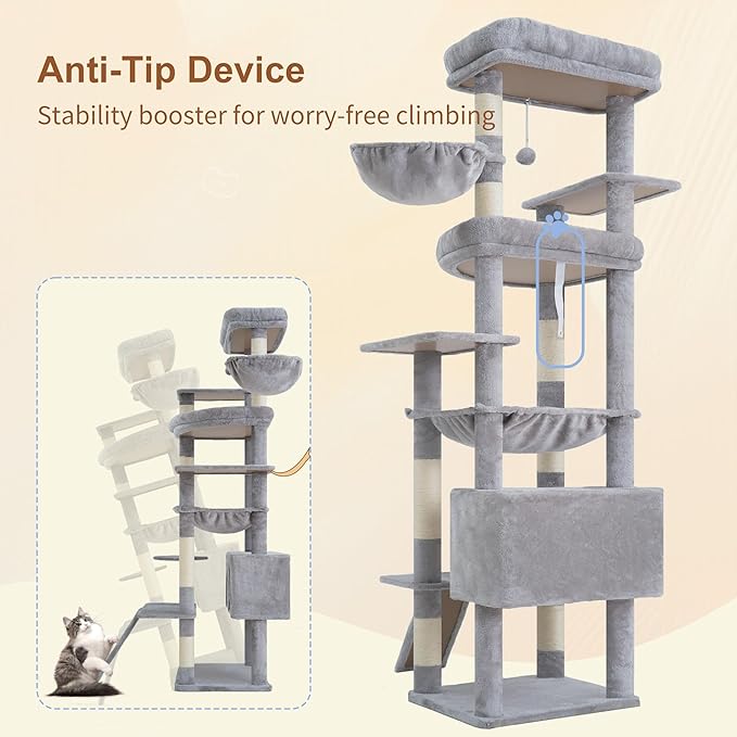 Heybly Tall Cat Tree for Large Cat, 80-inch Multi-Level Cat Tower for Indoor Cats with Large Baseboard, Condo Furniture with 2 Widened Plush Perches,Scratching Board and Big Caves, Light Gray HCT038W