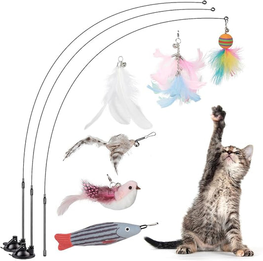 Cat Feather Toys, Interactive Cat Toy for Indoor Cats,Cat Wand Toys with 2 Suction Cup and 3 Wands, 3 in 1 Cat Toys for Bored Cats, Kitten Toy with Balls and Birds