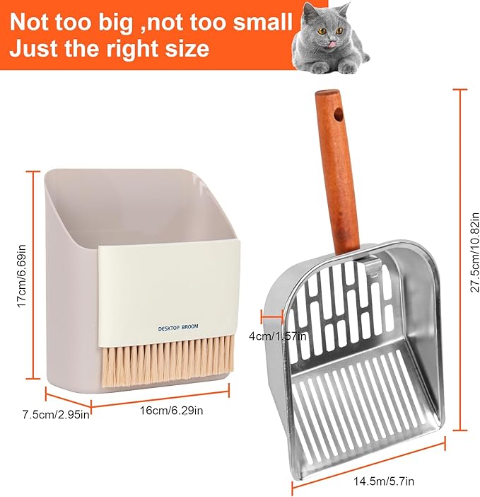 Stainless Steel Cat Litter Scoop with Holder, Kitty Poop Scooper Stand for Litter Box, Fast Sifting Non-Stick Cat Poop Scooper with Coarse and Fine Grids for All Litter Pan, Gray
