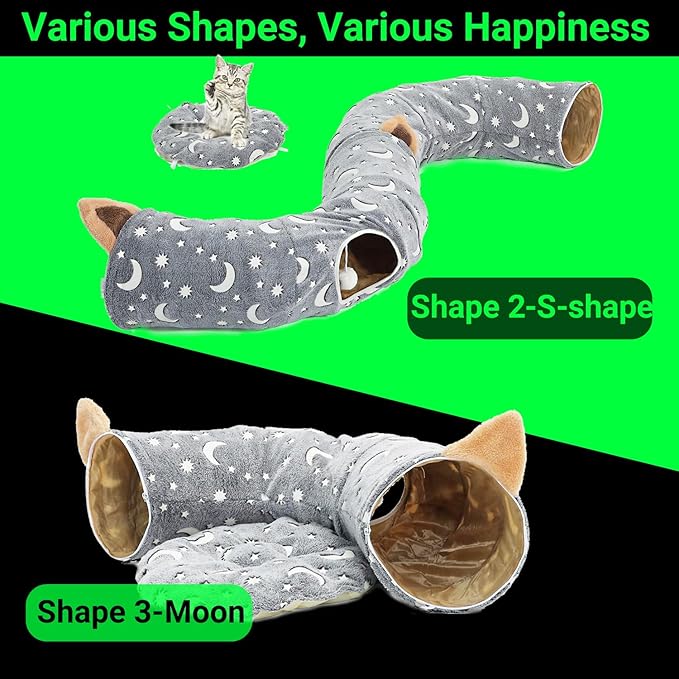 LUCKITTY Cat Tunnel Bed Under Christmas Tree with Plush Ball Toy Playground Crinkle Collapsible Self-Luminous Flannel Fabric 3FT for Large Cats Kittens Kitty Small Animals Puppy Grey Moon Star