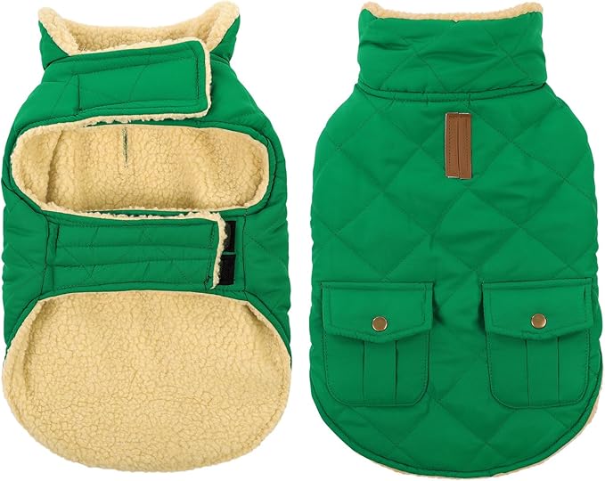 Queenmore Warm Dog Coat, Cold Weather Puffer Dog Coat Vest, Quilting Winter Pet Jacket Ultra Thick Plush Fleece Lining Pet Clothes for Dogs with Storage Pockets (Forest Green,Large)