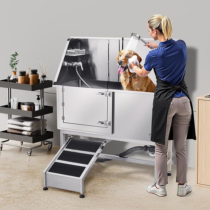 VEVOR Stainless Steel Dog Washing Station, 50 inch Pet Grooming Tub w/Ramp, PE Water Filter Board, Faucet & Showerhead & Soap Holder Dog Bathtub for Large & Medium & Small Pets (Left Door)