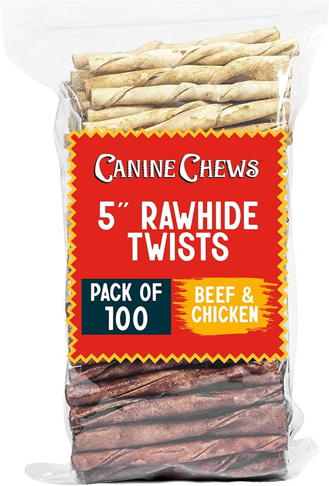 Canine Chews Beef & Chicken Basted Rawhide Twists - Dog Bones for Small Dogs - Rawhide Bones for Medium Dogs - Helps Promote Dental Health - 50 Beef & 50 Chicken Treats