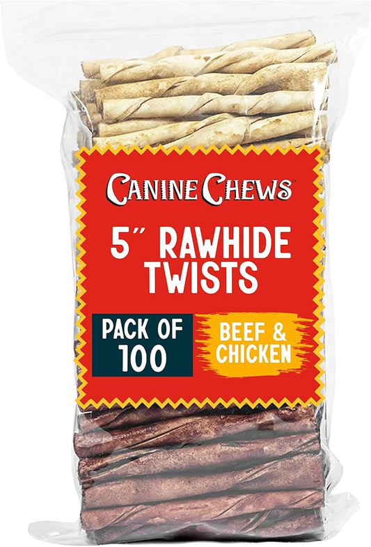 Canine Chews Beef & Chicken Basted Rawhide Twists - Dog Bones for Small Dogs - Rawhide Bones for Medium Dogs - Helps Promote Dental Health - 50 Beef & 50 Chicken Treats