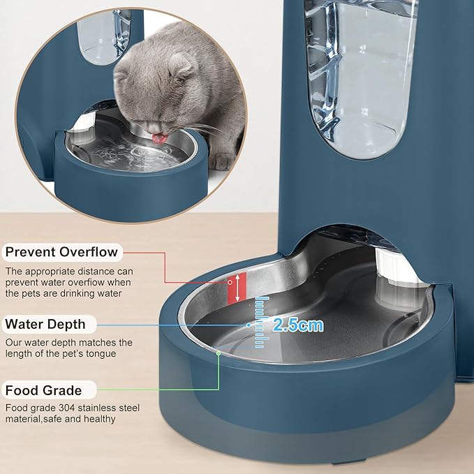 2 Pack Automatic Cat Feeder and Dog Food Feeder, Gravity Stainless Steel Water Dispenser and Waterer Set for Small Medium Puppy Kitten Pets (1 Gallon x 2, Navy Blue)