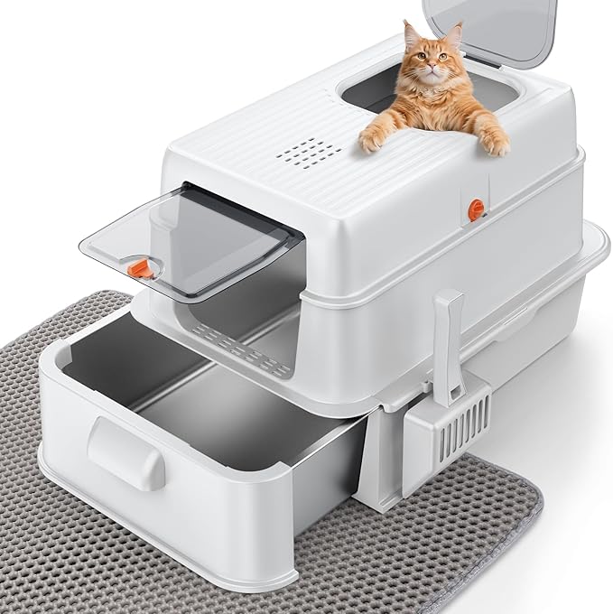 FURTIME Stainless Steel Litter Box with Lid, XL Extra Large Cat Litter Box for Big Cats, Enclosed Drawer Metal Litter Boxs with High Sided Enclosure & Mat, Front & Top Entry, Odor Free, Anti-Leakage