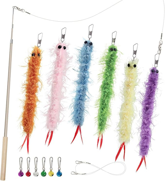 SONGWAY Worm Cat Toy Wand - 6 PCS Cat Worm Toys with Retractable Wand, Interactive Feather Tail Toys for Indoor Cats Kittens