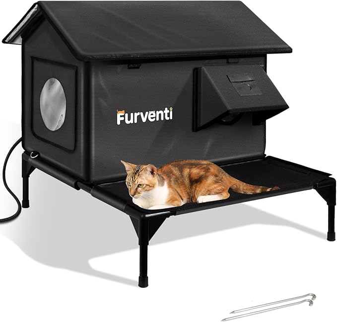 Heated Cat House for Outside,More Platform Space,Extremely Weatherproof & Insulated in Winter,Elevated Outdoor Cat Shelter with Eaves & Escape Door for Barn Feral Stray Cat(Dull Grey,Small)