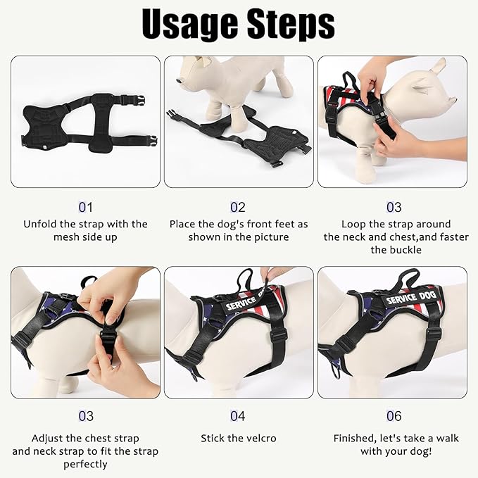 Demigreat Service Dog Harness, Reflective Dog Vest Harness with 5 PCS Patches, Adjustable Soft Oxford Pet Harness, Inner Layer Mesh, Easy to Control for Dogs (USFLAG, Large (Pack of 1))