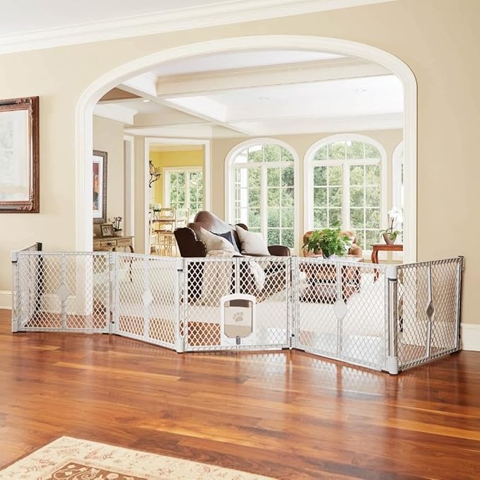 MyPet North States Petyard Passage: 6-Panel Dog Playpen or Dog Fence, Wall Mount Kit Included. Free Standing Play Pen 5.5 ft Corner to Corner, Lockable Pet Door. Made in USA. 26" Tall, Light Gray