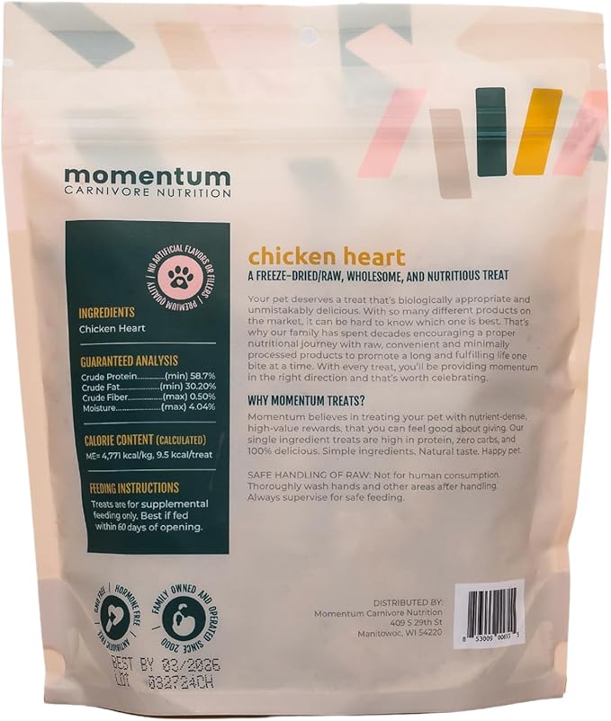 Momentum Carnivore Nutrition Freeze-Dried Chicken Heart Dog Treats – Single-Ingredient, Dog & Cat Treats – High-Protein, Grain-Free– 3.5 oz Bag