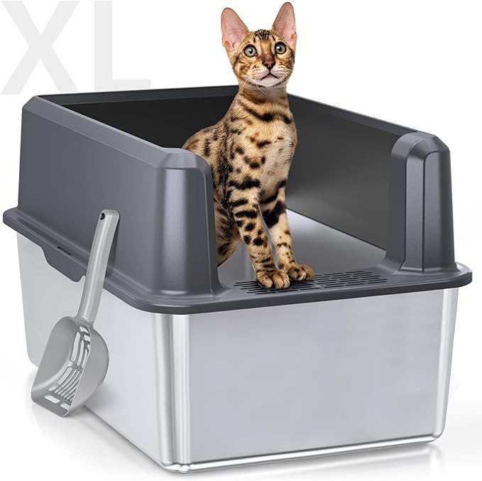 Stainless Steel Litter Box with Lid, 14” XL Stainless Steel Cat Litter Box Enclosure, Extra Large Metal Cat Box, Non-Sticky, Anti Leakage, Easy Cleaning Litter Pan, Include Scoop (Gray)
