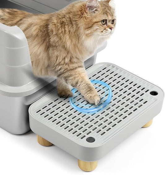 Cat Litter Box Step Ramp, Cat Litter Catcher Mat with Wooden Feet, Filter Function, Pedal Stool for Self-Cleaning Litter Box, Ideal for Kitten & Elderly Cats(Light Grey)