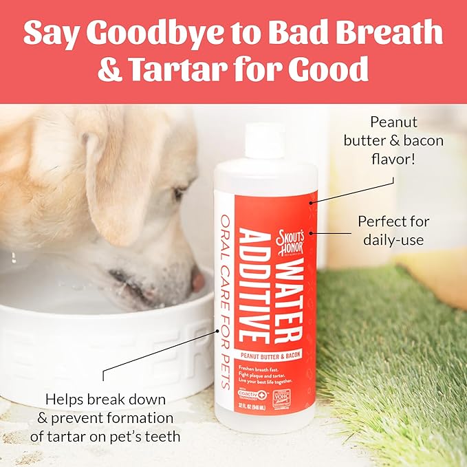 SKOUT'S HONOR Peanut Butter & Bacon Water Additive - VOHC Accepted for Tartar Control, Freshens Breath Fast, No Brushing Required, 32 oz
