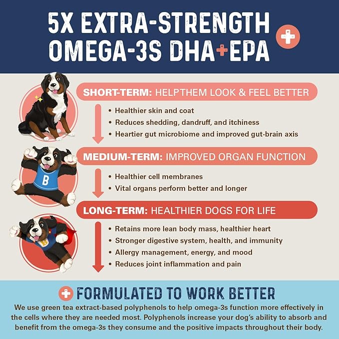 Bernie’s OMG! Omegas Chews for Dogs - 5X Extra Strength DHA+EPA, Fish Oil, Healthy Skin & Coat, Allergy Relief, Joint Supplement (Pork Flavor)