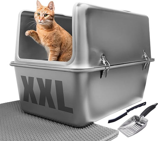 XXL Stainless Steel Litter Box with Lid 30L Capacity 16" Inch High Sides, Leak Proof Anti Tracking Pedal Non Stick Easy Clean Splash Proof Removable Top for Large and Multi Cats Includes Scoop & Mat