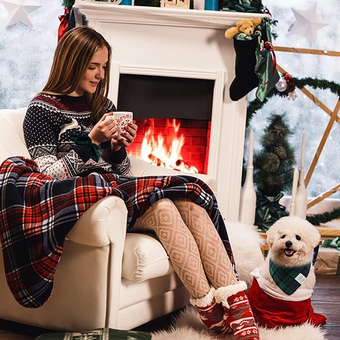 E-Clover Christmas Dog Bandanas Boy & Matching Scrunchie Set Plaid Scarf Kerchief for Small Dog Puppy Bandana Pet Owner Blue Green Fall